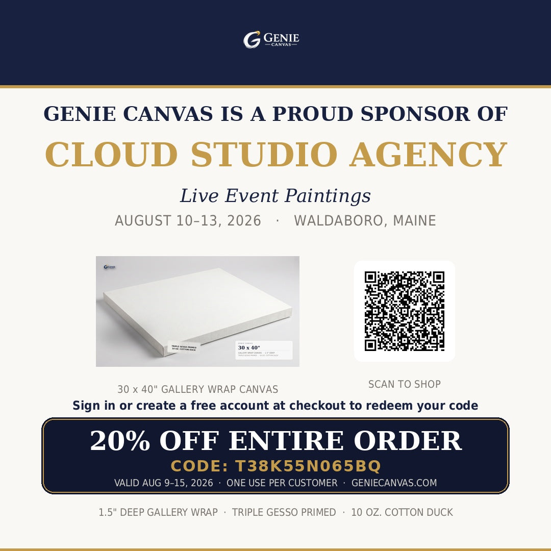 Genie Canvas is proud to sponsor Cloud Studio Agency, the team behind Live Event Paintings, at their upcoming retreat in Waldaboro, Maine this August.