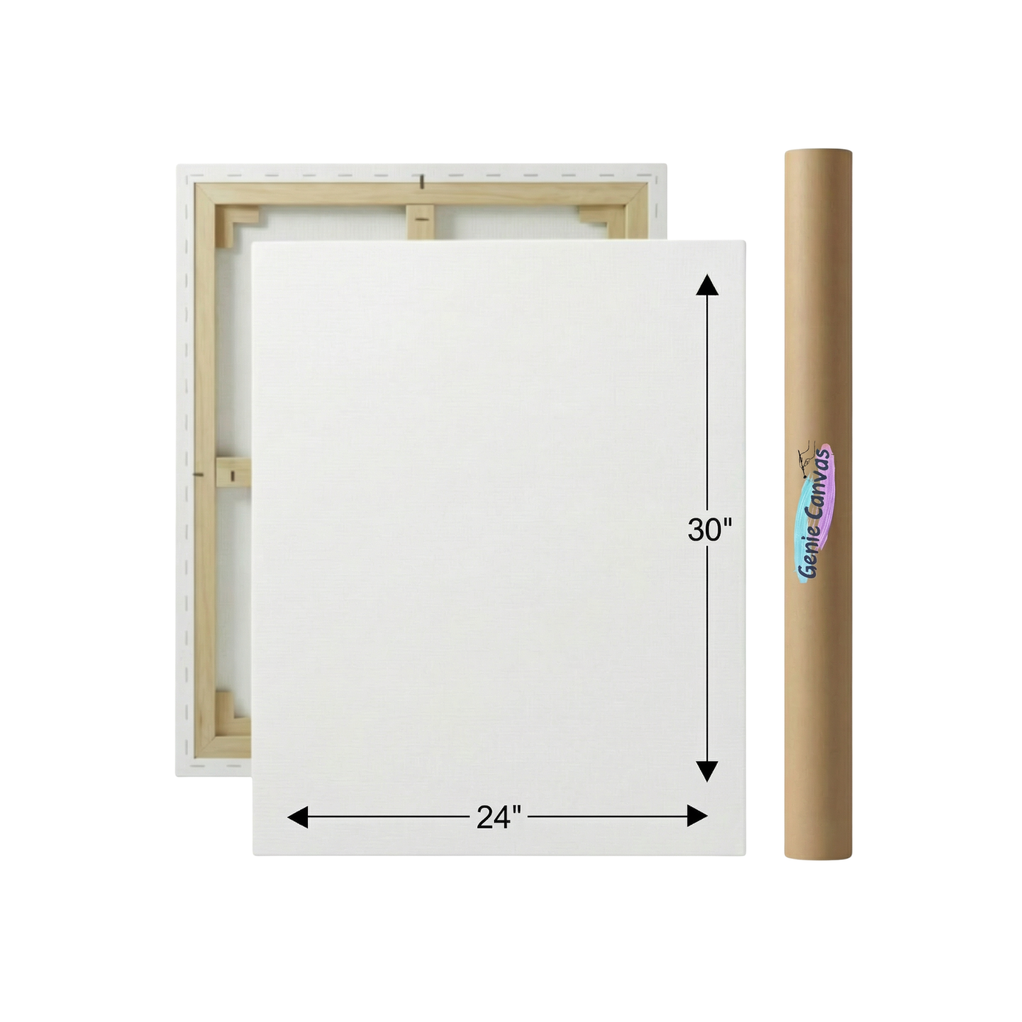 White canvas with wooden frame and rolled-up canvas on a white background