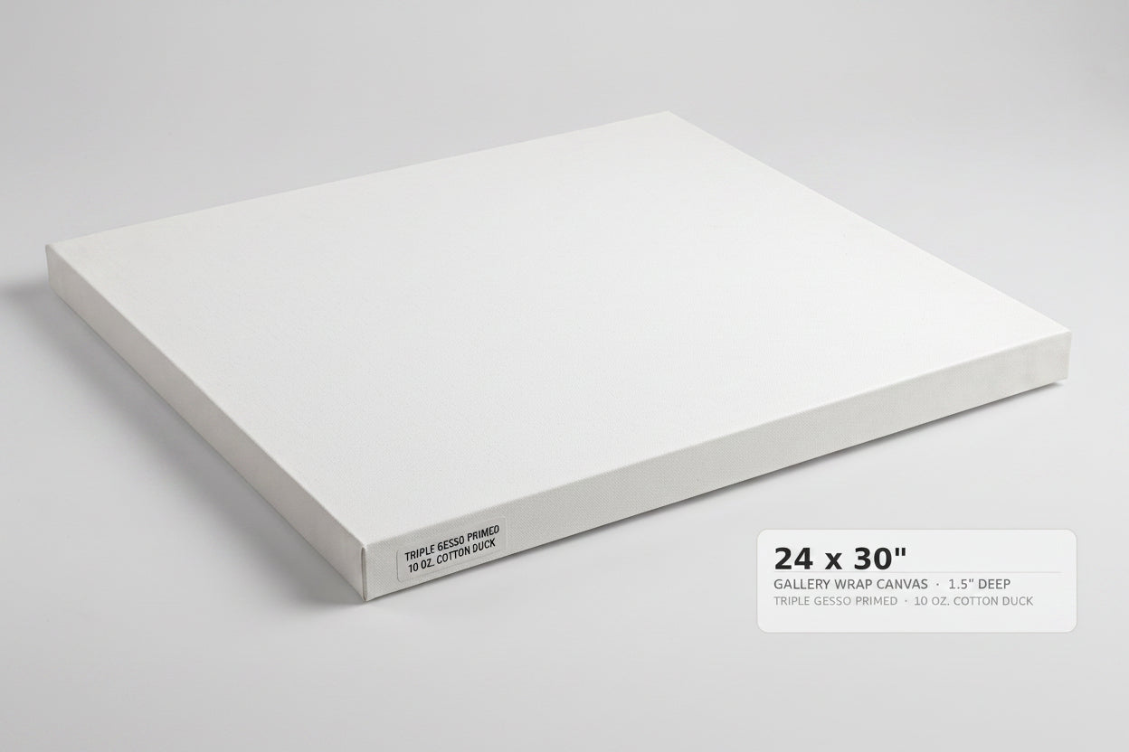 A white gallery-wrapped canvas panel shown at an angle on a light gray background, with a text label in the lower right reading '24 x 30" GALLERY WRAP CANVAS 1.5" DEEP'.