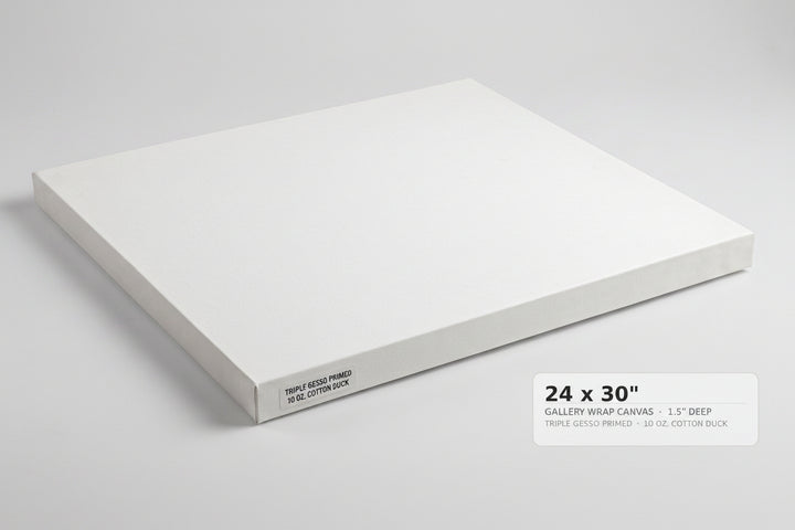A white gallery-wrapped canvas panel shown at an angle on a light gray background, with a text label in the lower right reading '24 x 30" GALLERY WRAP CANVAS 1.5" DEEP'.