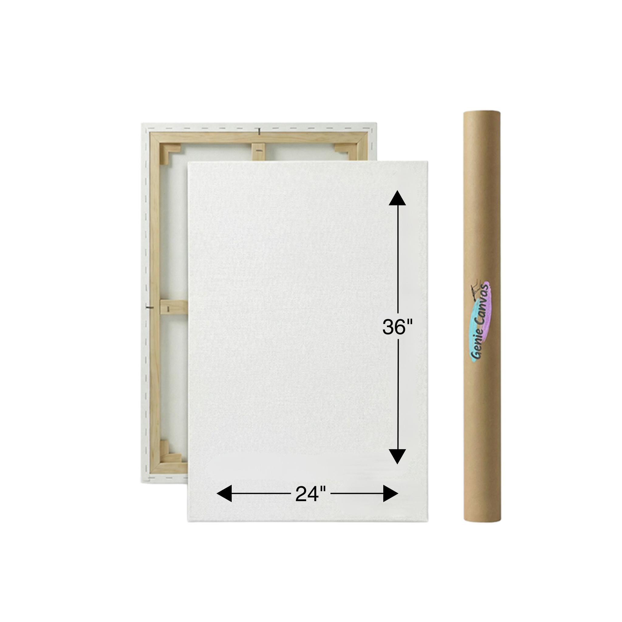 White canvas with wooden frame and dimensions, next to a cardboard tube labeled 'Genie Canvas'.