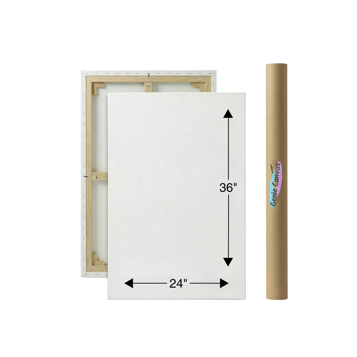 White canvas with wooden frame and dimensions, next to a cardboard tube labeled 'Genie Canvas'.