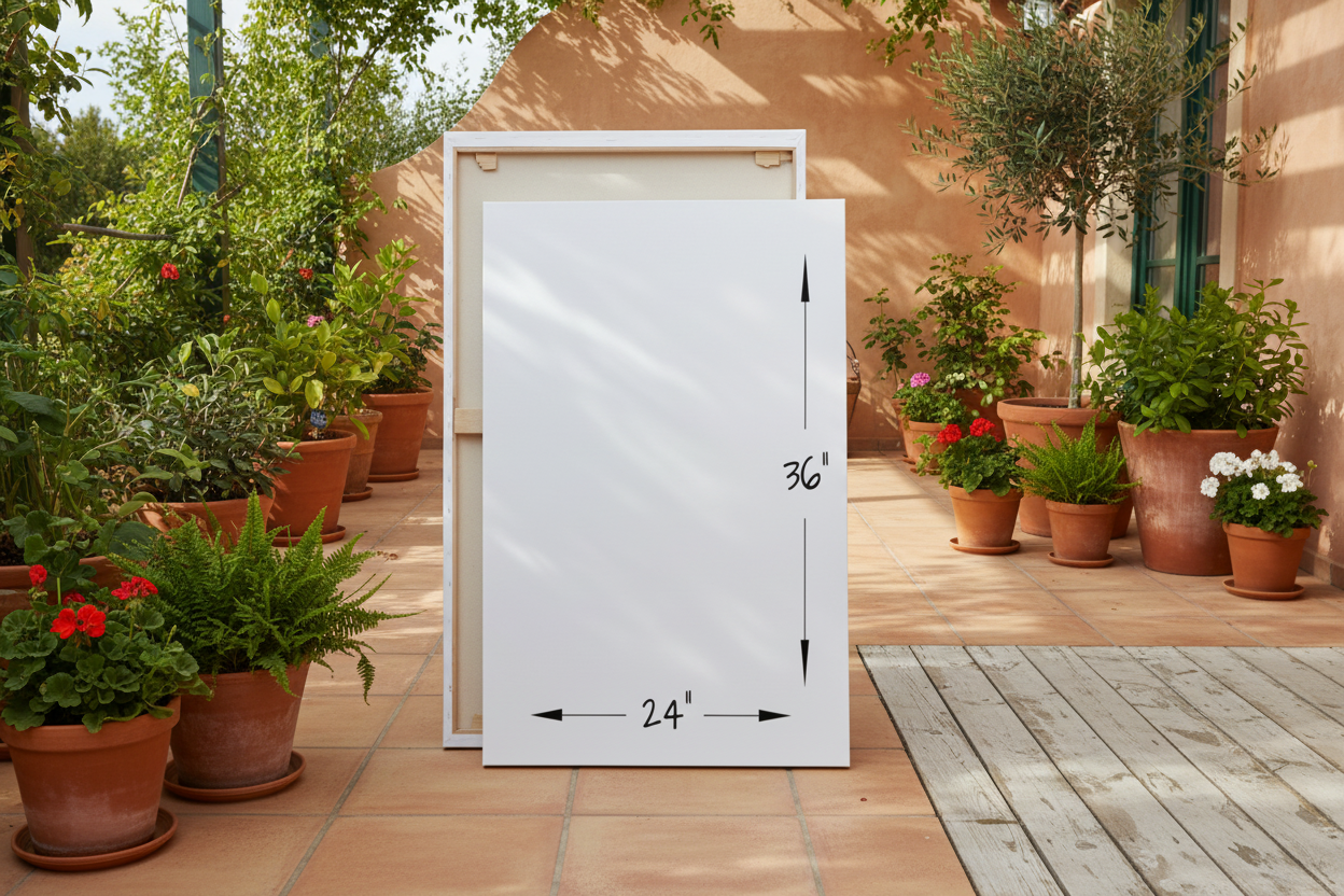 White outdoor storage unit with dimensions on a patio with potted plants