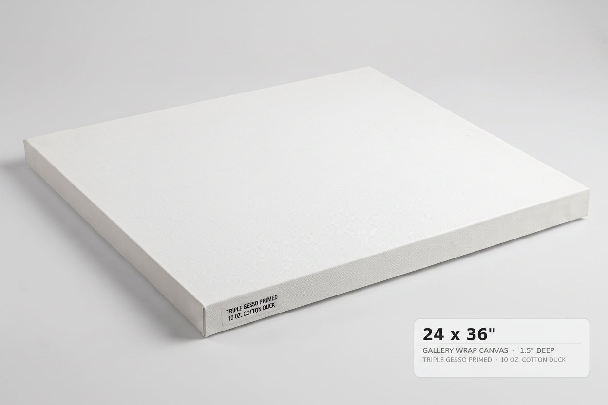 A white gallery-wrapped canvas panel shown at an angle on a light gray background, with a text label in the lower right reading '24 x 36" GALLERY WRAP CANVAS 1.5" DEEP'.