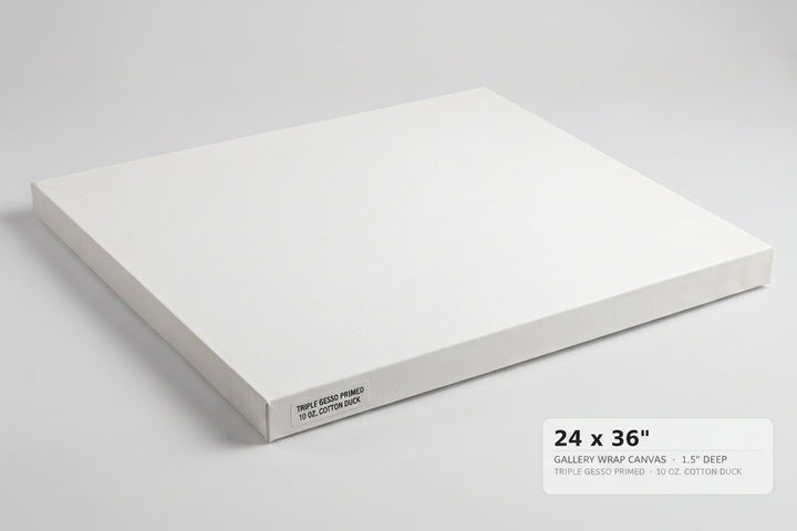 A white gallery-wrapped canvas panel shown at an angle on a light gray background, with a text label in the lower right reading '24 x 36" GALLERY WRAP CANVAS 1.5" DEEP'.