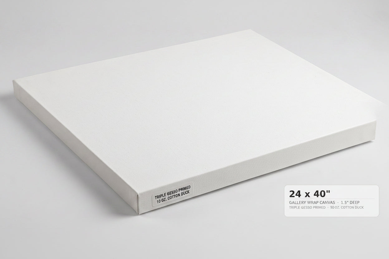 A white gallery-wrapped canvas panel shown at an angle on a light gray background, with a text label in the lower right reading '24 x 36" GALLERY WRAP CANVAS 1.5" DEEP'.