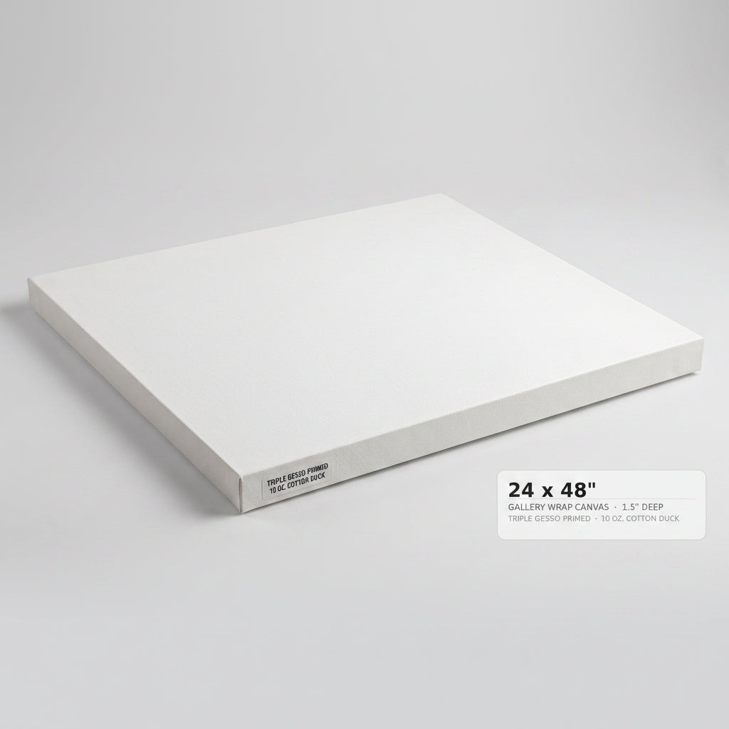 A white gallery-wrapped canvas panel shown at an angle on a light gray background, with a text label in the lower right reading '24 x 36" GALLERY WRAP CANVAS 1.5" DEEP'.