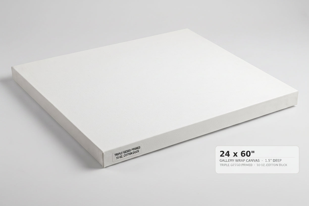 A white gallery-wrapped canvas panel shown at an angle on a light gray background, with a text label in the lower right reading '24 x 36" GALLERY WRAP CANVAS 1.5" DEEP'.