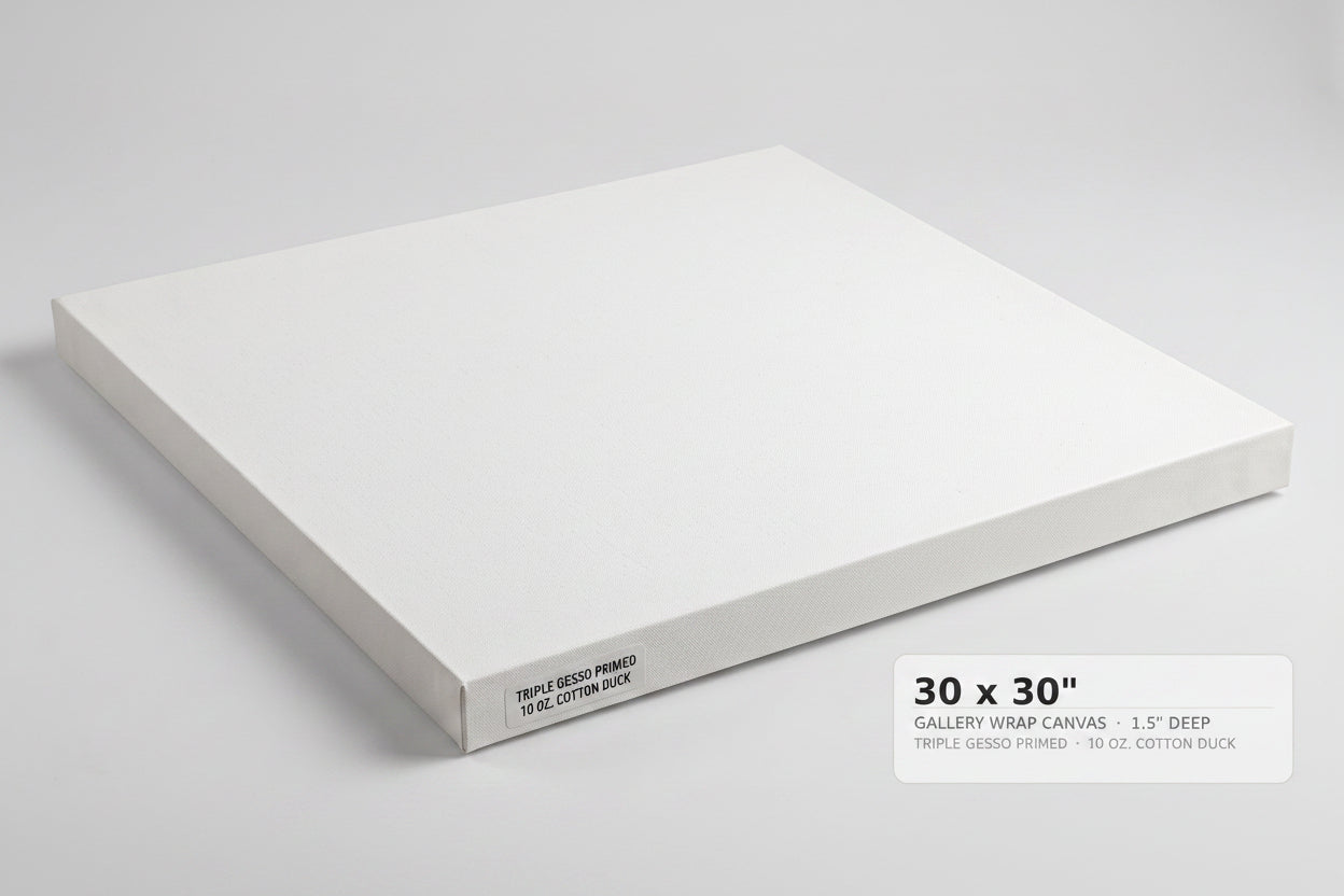 A white gallery-wrapped canvas panel shown at an angle on a light gray background, with a text label in the lower right reading '24 x 36" GALLERY WRAP CANVAS 1.5" DEEP'.