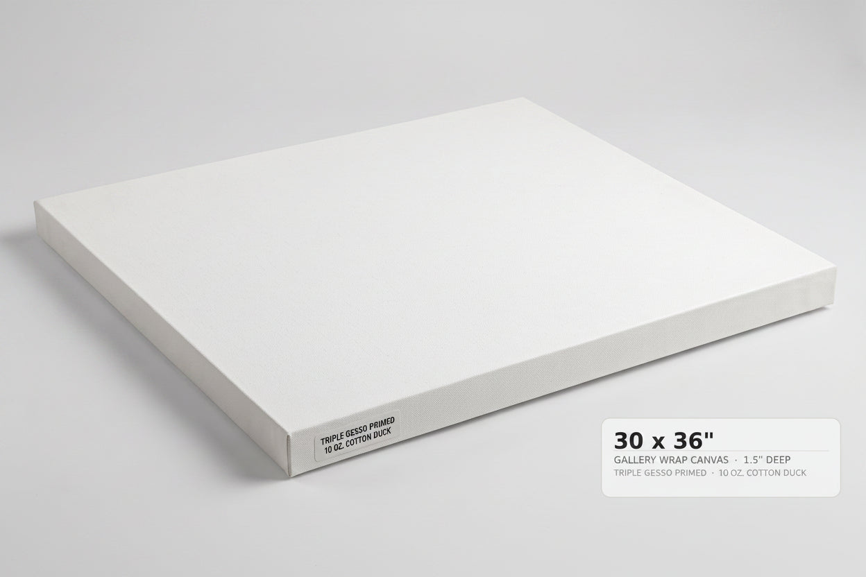 A white gallery-wrapped canvas panel shown at an angle on a light gray background, with a text label in the lower right reading '24 x 36" GALLERY WRAP CANVAS 1.5" DEEP'.