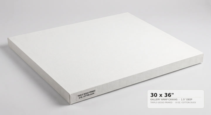 A white gallery-wrapped canvas panel shown at an angle on a light gray background, with a text label in the lower right reading '24 x 36" GALLERY WRAP CANVAS 1.5" DEEP'.