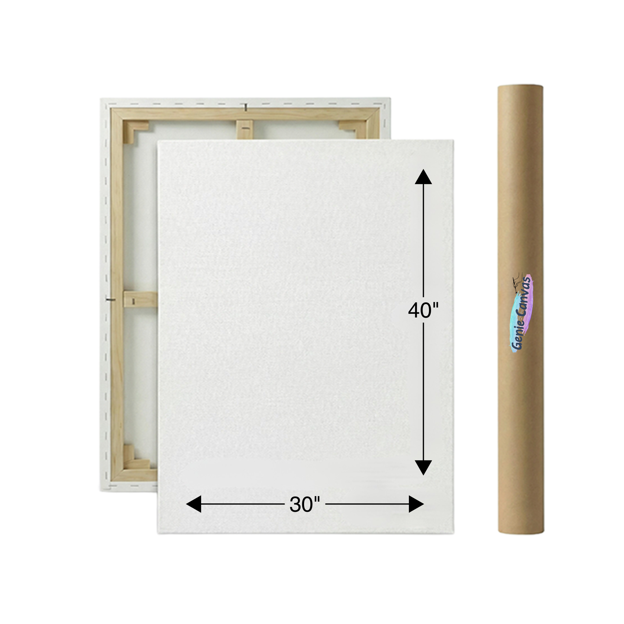 White canvas with wooden frame and dimensions, next to a cardboard roll with 'Genie Canvas' branding.