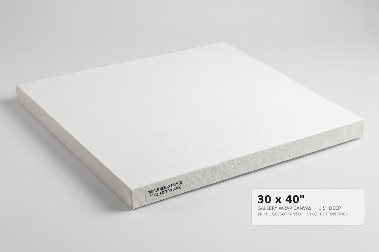 A white gallery-wrapped canvas panel shown at an angle on a light gray background, with a text label in the lower right reading '30 x 40" GALLERY WRAP CANVAS 1.5" DEEP'.