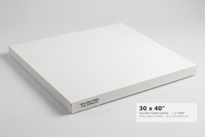 A white gallery-wrapped canvas panel shown at an angle on a light gray background, with a text label in the lower right reading '30 x 40" GALLERY WRAP CANVAS 1.5" DEEP'.