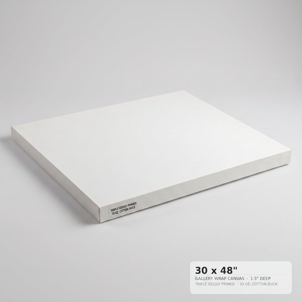A white gallery-wrapped canvas panel shown at an angle on a light gray background, with a text label in the lower right reading '24 x 36" GALLERY WRAP CANVAS 1.5" DEEP'.
