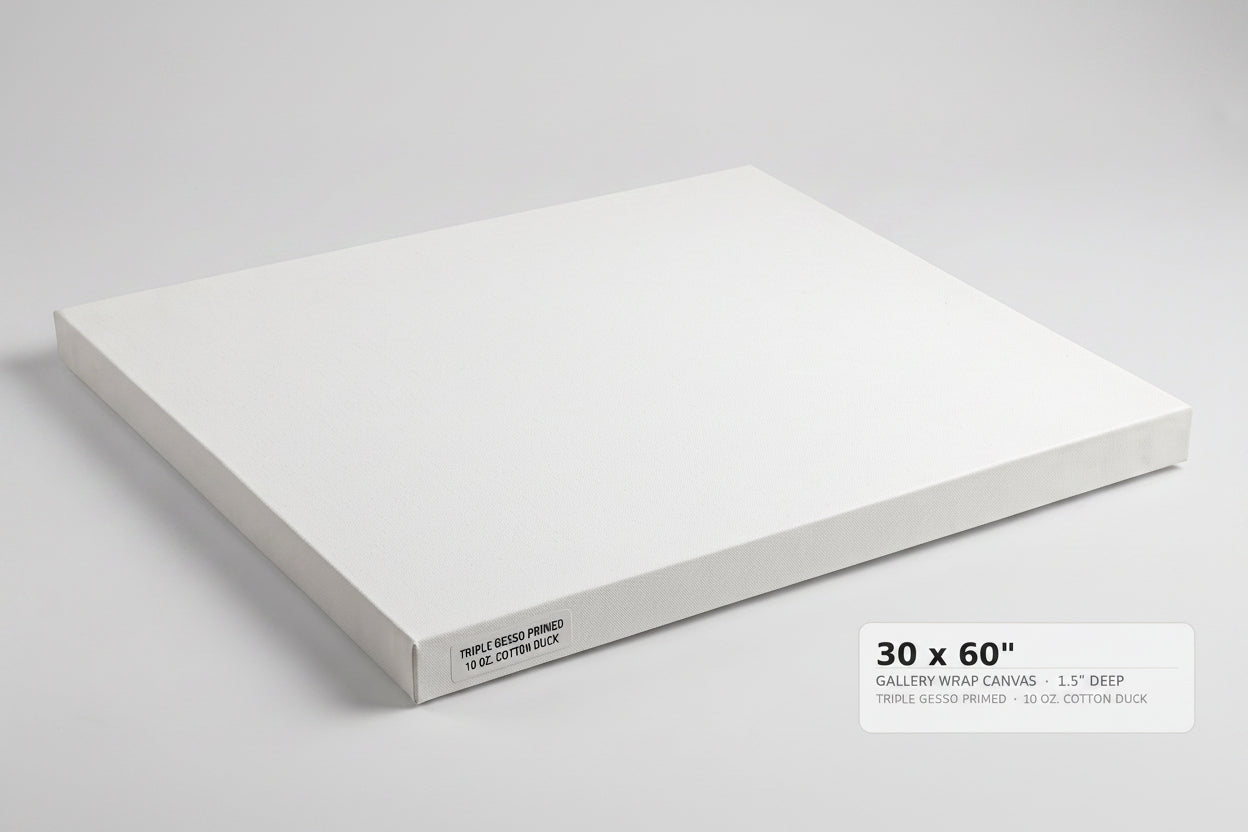 A white gallery-wrapped canvas panel shown at an angle on a light gray background, with a text label in the lower right indicating 30 x 60 inches.