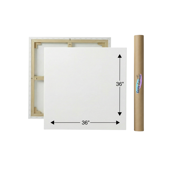 36x36 inch canvas with wooden frame and cardboard tube on a white background