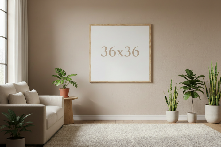 A 36 inch by 36 inch square Genie Canvas in a living room with beige walls, a white sofa, and potted plants.