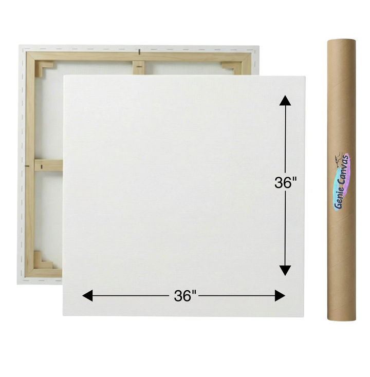 White canvas with gold frame and dimensions on a white background