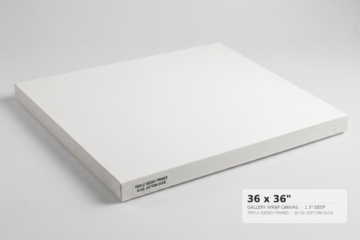 A white gallery-wrapped canvas panel shown at an angle on a light gray background, with a text label in the lower right reading '36 x 36" GALLERY WRAP CANVAS 1.5" DEEP'.