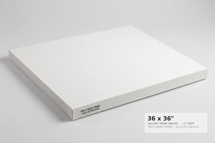 A white gallery-wrapped canvas panel shown at an angle on a light gray background, with a text label in the lower right reading '36 x 36" GALLERY WRAP CANVAS 1.5" DEEP'.