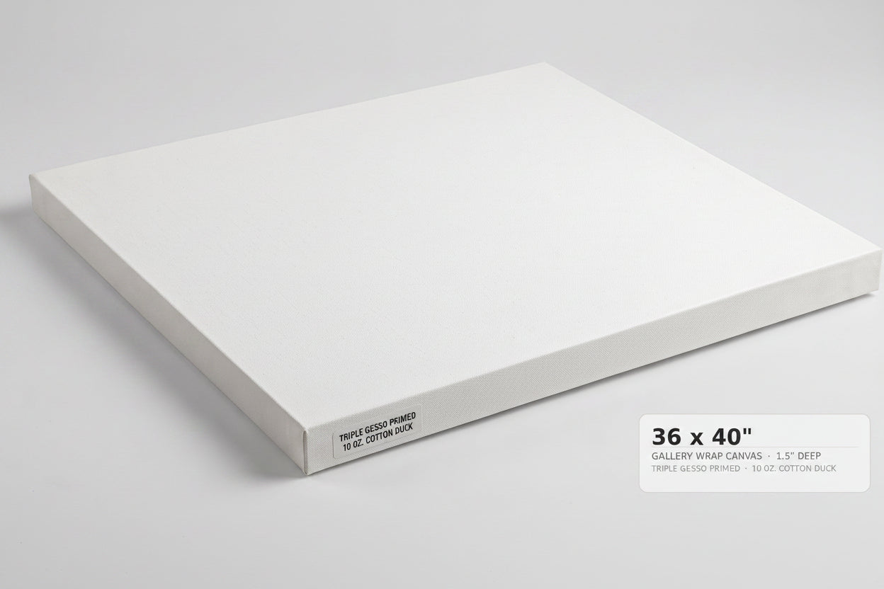A white gallery-wrapped canvas panel shown at an angle on a light gray background, with a text label in the lower right reading '24 x 36" GALLERY WRAP CANVAS 1.5" DEEP'.