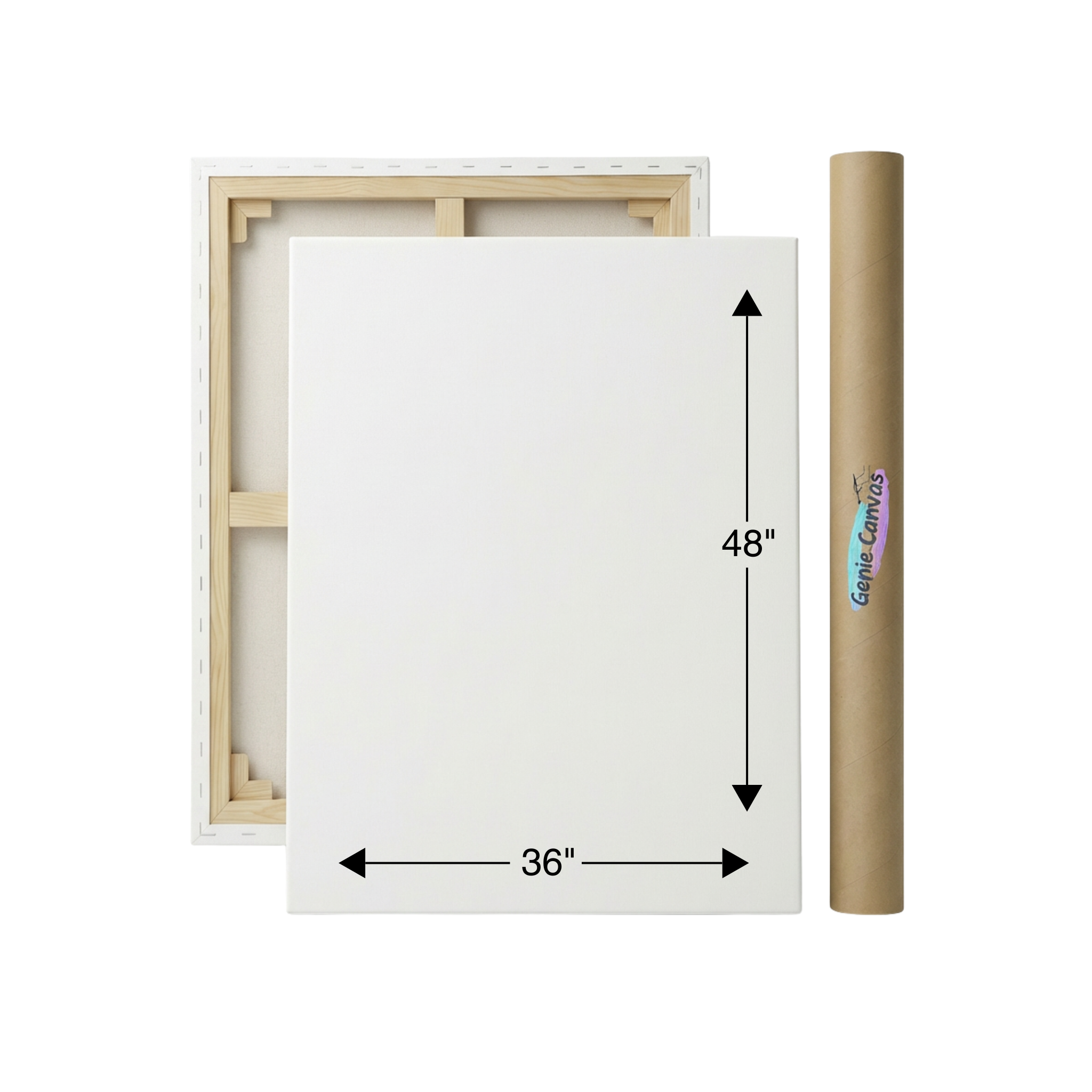 Canvas with wooden frame and dimensions displayed, featuring a brand logo.
