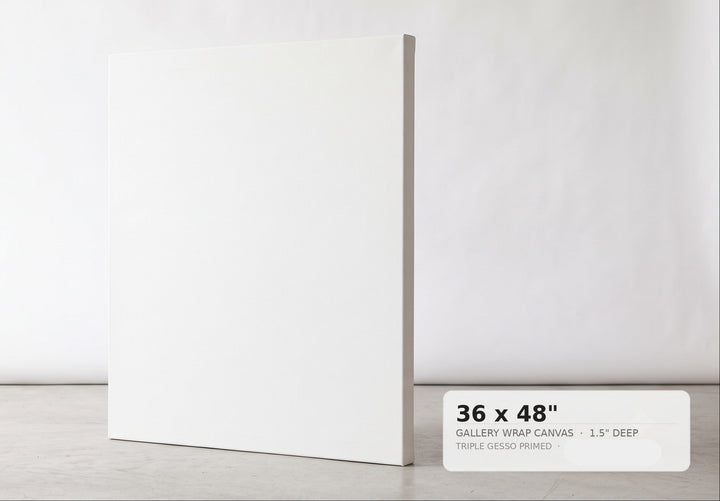 A blank white gallery wrap canvas standing upright on a light gray floor against a white wall, with a size label in the lower right reading 36 x 48 inches.