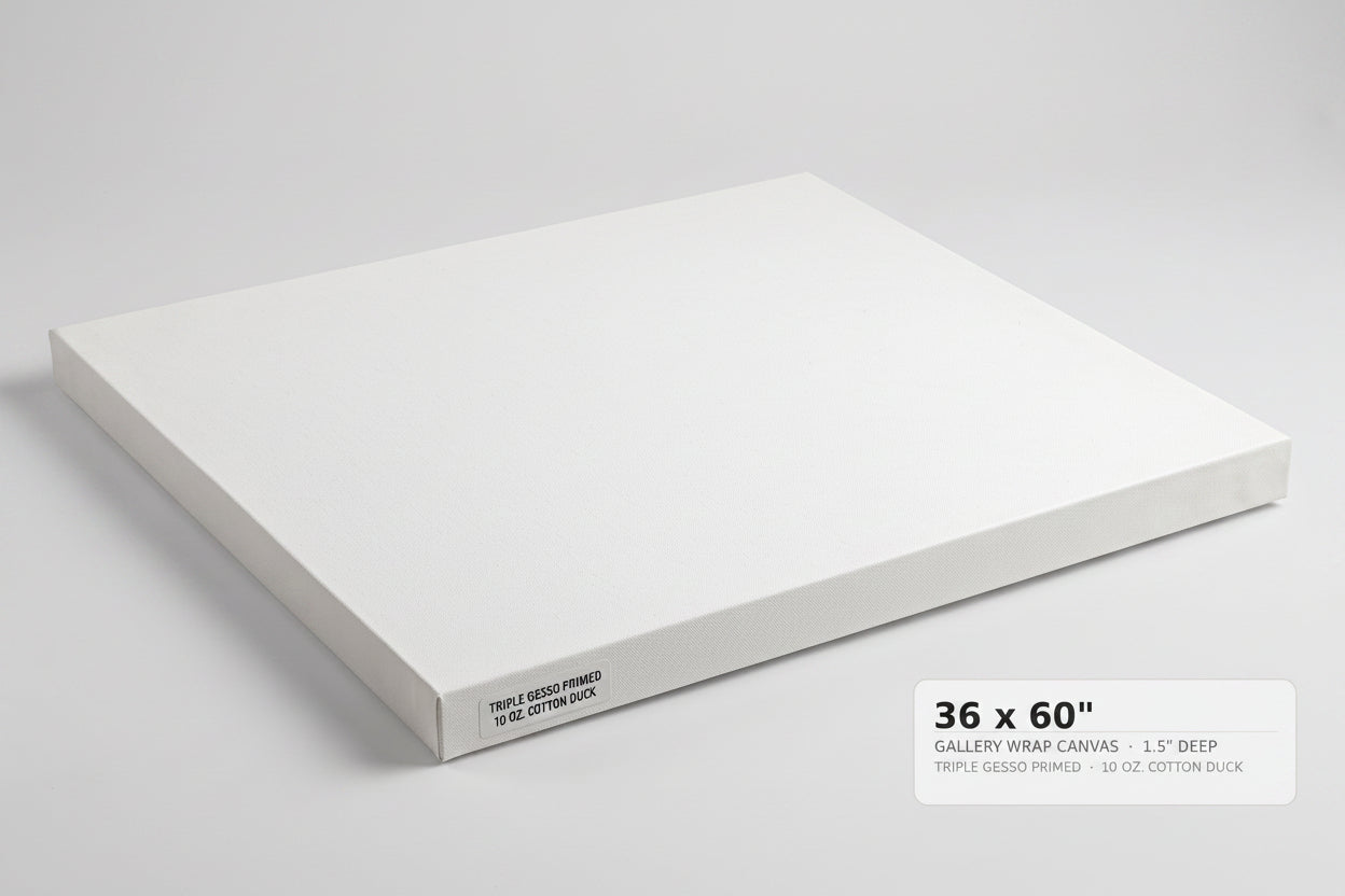 A white gallery-wrapped canvas panel shown at an angle on a light gray background, with a text label in the lower right reading '24 x 36" GALLERY WRAP CANVAS 1.5" DEEP'.