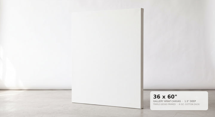 A blank white gallery wrap canvas standing upright on a light gray floor against a white wall, with a size label in the lower right reading 36 x 48 inches.