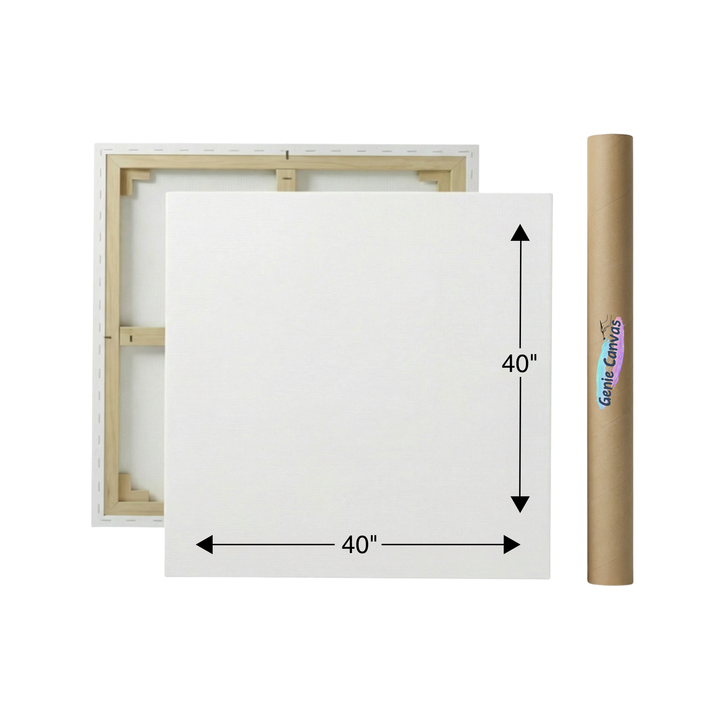 40x40 inch canvas with wooden frame and a roll of canvas on a white background