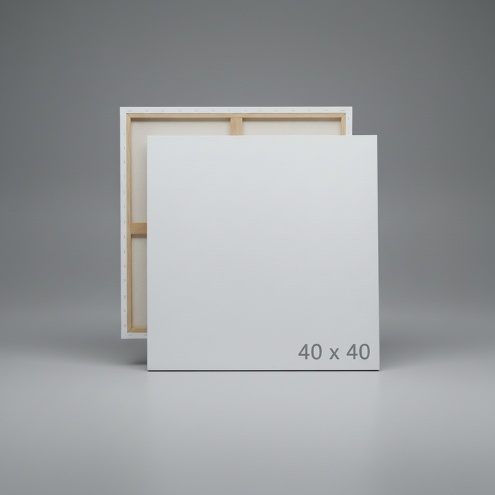 A 40 inch squared Genie canvas with wooden frame on a gray background