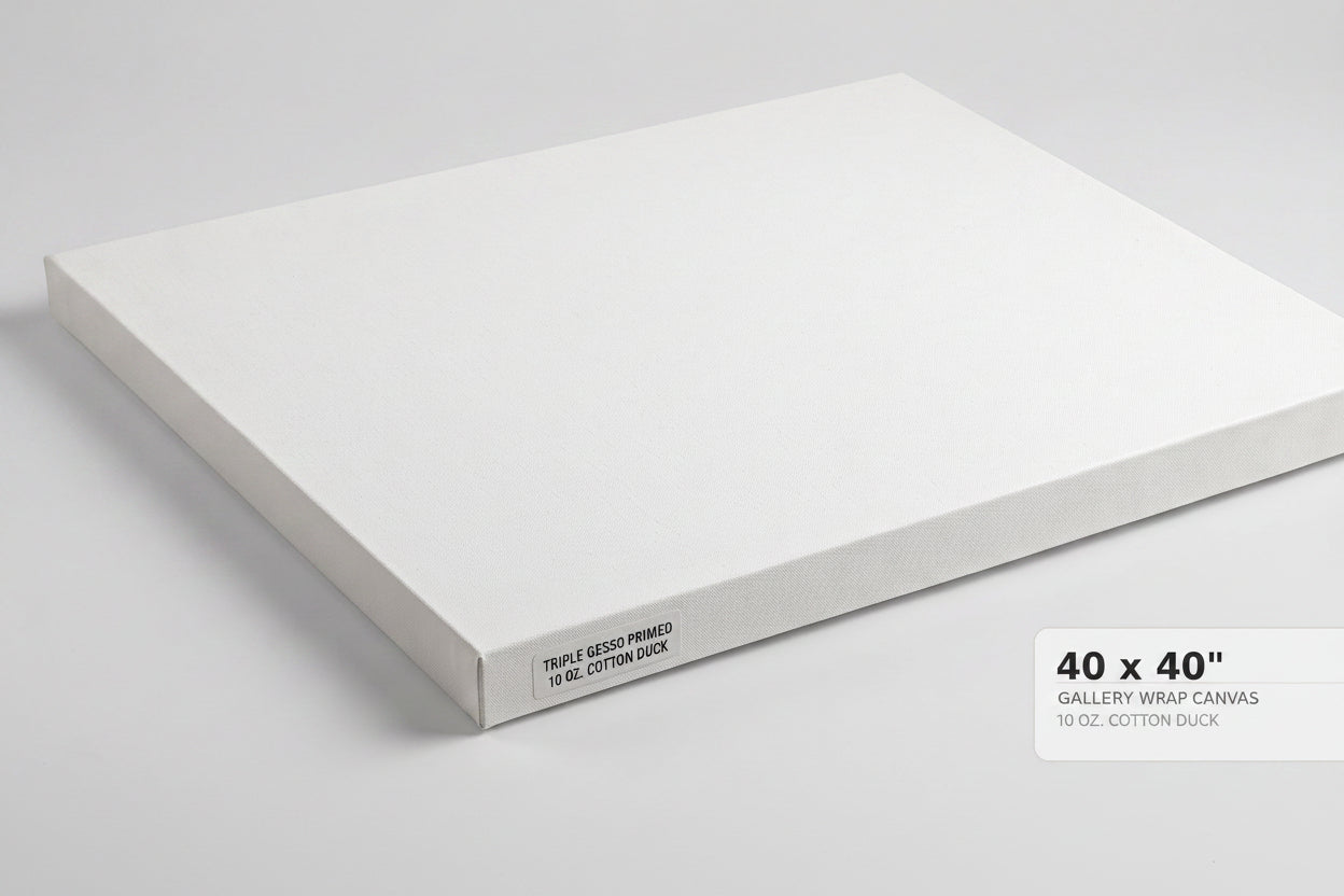 A white gallery-wrapped canvas panel shown at an angle on a light gray background, with a text label in the lower right reading '40 x 40" GALLERY WRAP CANVAS 1.5" DEEP'.
