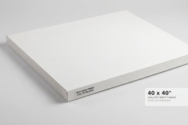 A white gallery-wrapped canvas panel shown at an angle on a light gray background, with a text label in the lower right reading '40 x 40" GALLERY WRAP CANVAS 1.5" DEEP'.
