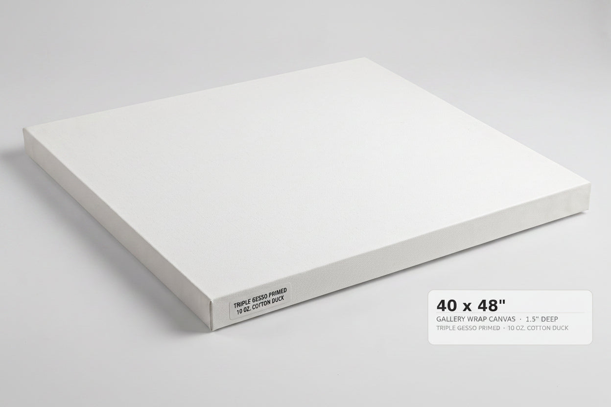 A white gallery-wrapped canvas panel shown at an angle on a light gray background, with a text label in the lower right reading '24 x 36" GALLERY WRAP CANVAS 1.5" DEEP'.