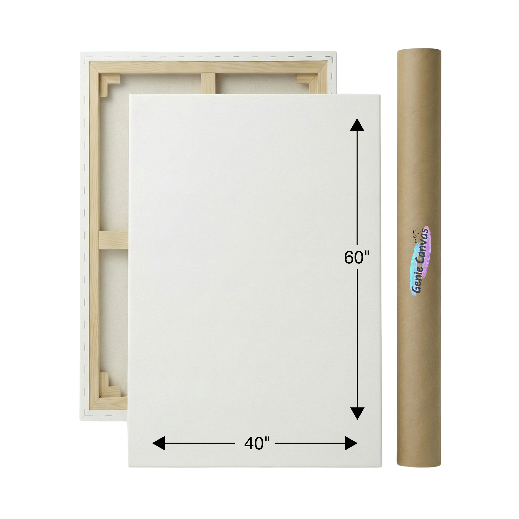 Canvas with wooden frame and dimensions displayed, featuring the brand 'Genie Canvas'.