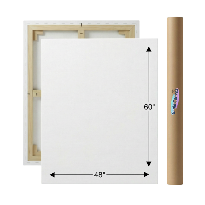 White canvas with wooden frame and roll of paper on a white background