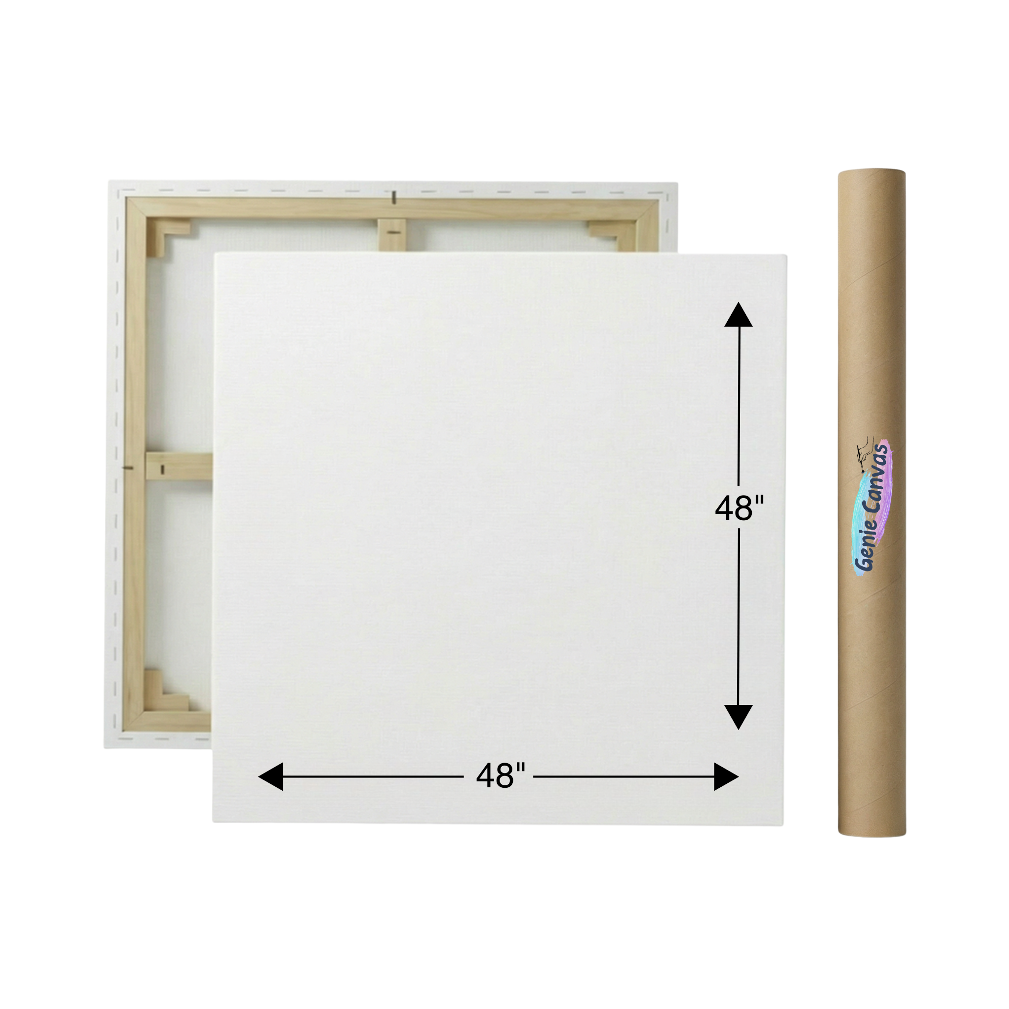 White canvas with wooden frame and dimensions displayed, featuring 'Genie Canvas' branding.