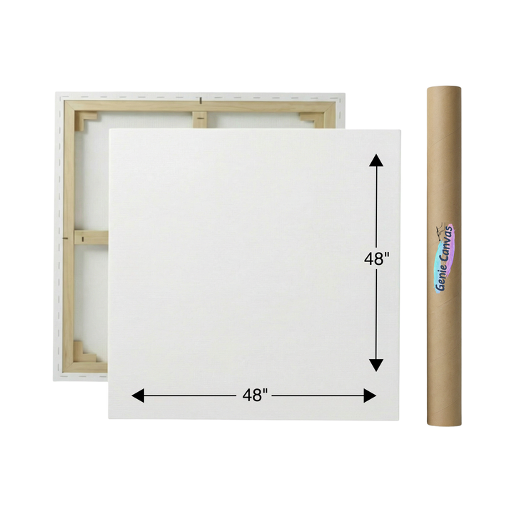 White canvas with wooden frame and dimensions displayed, featuring 'Genie Canvas' branding.