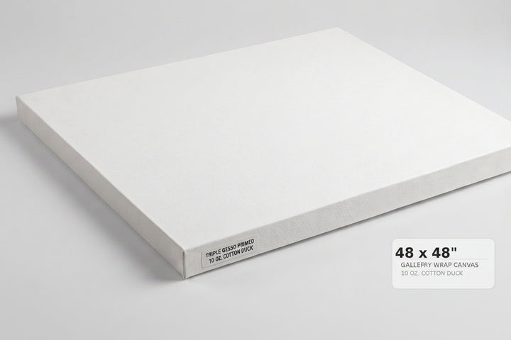 A white gallery-wrapped canvas panel shown at an angle on a light gray background, with a text label in the lower right reading '48 x 48" GALLERY WRAP CANVAS 1.5" DEEP'.
