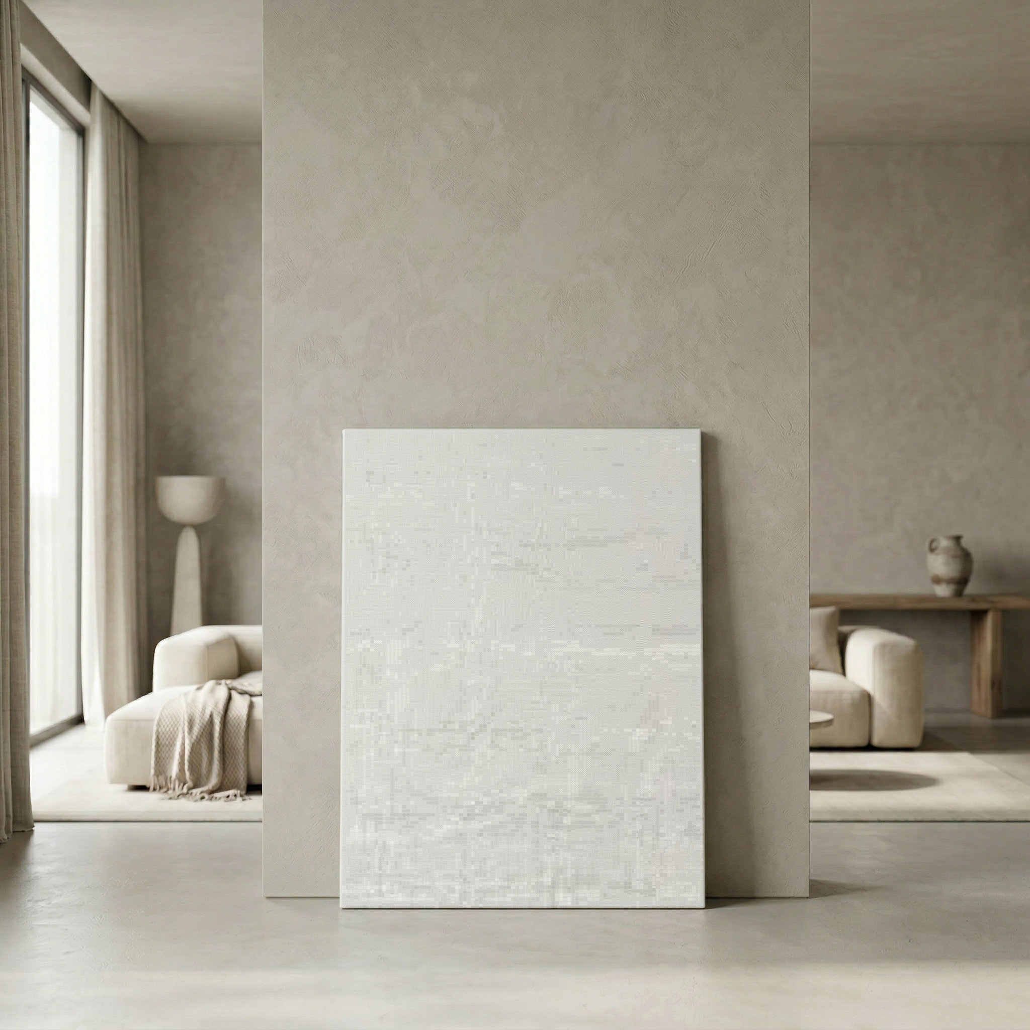 Modern interior with a white rectangular object against a neutral wall.