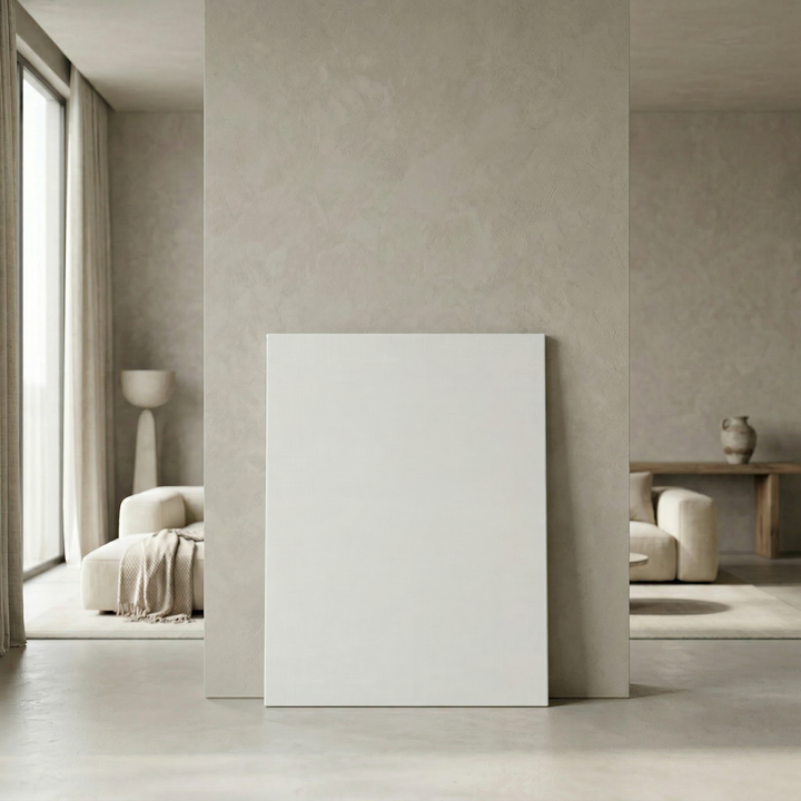 Modern interior with a white rectangular object against a neutral wall.