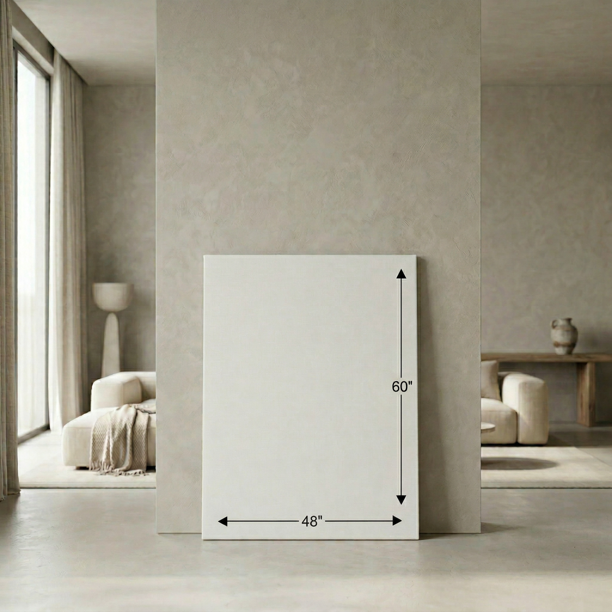 White radiator with dimensions labeled in a minimalistic room.