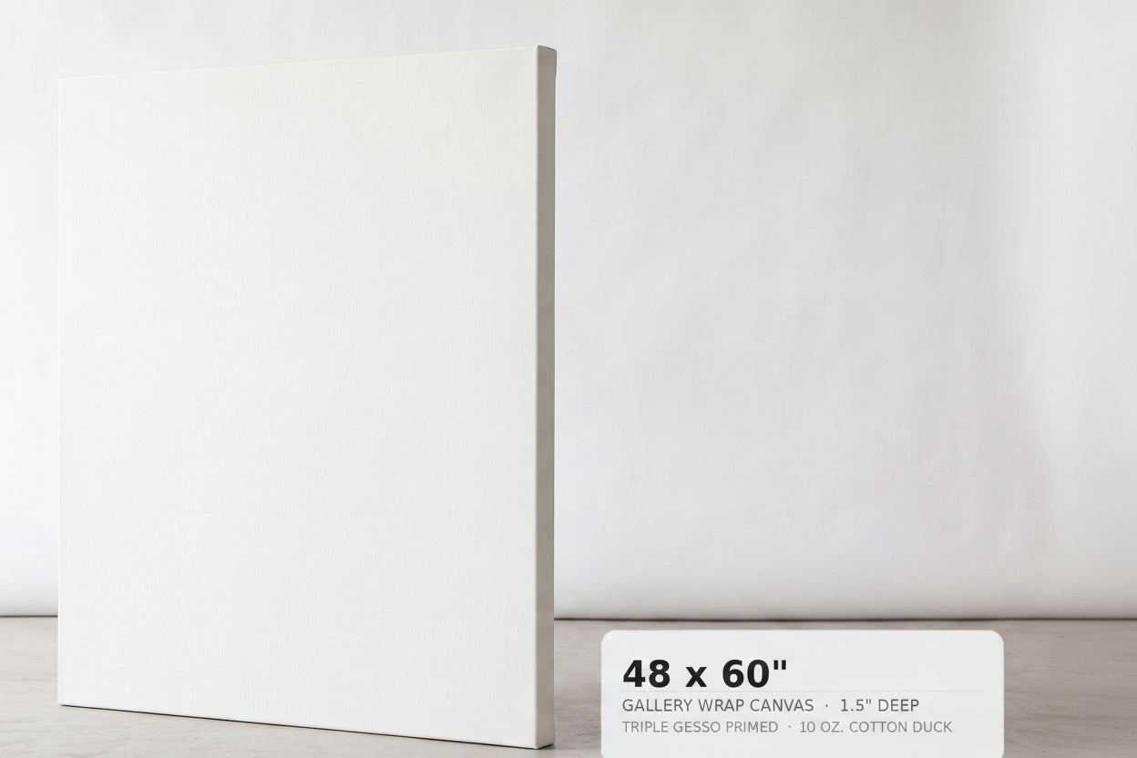 A blank white gallery wrap canvas standing upright on a light gray floor against a white wall, with a size label in the lower right reading 48x60 inches.