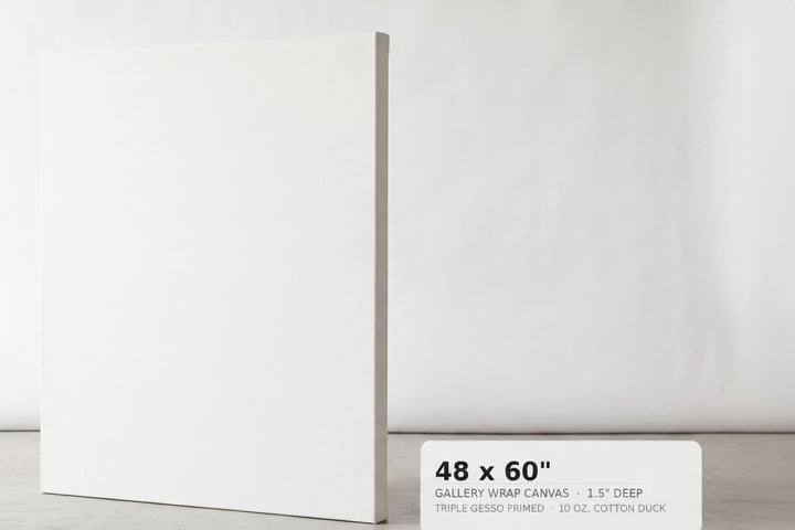 A blank white gallery wrap canvas standing upright on a light gray floor against a white wall, with a size label in the lower right reading 48x60 inches.