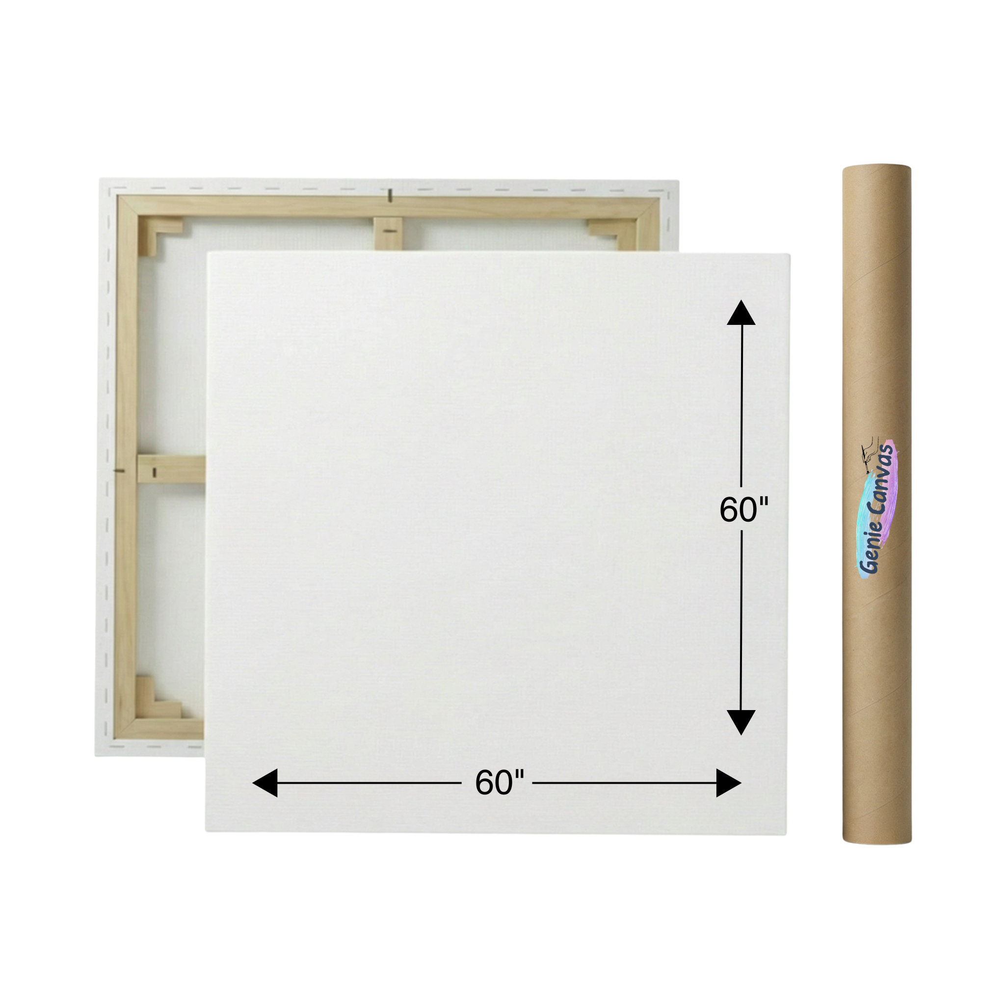White canvas with wooden frame and dimensions labeled, featuring 'Genie Canvas' branding.