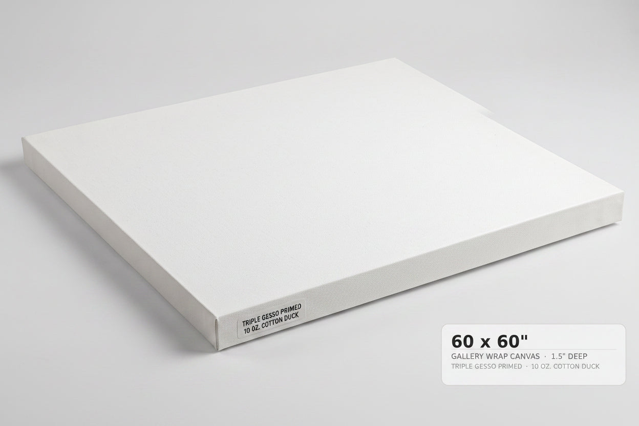 A white gallery-wrapped canvas shown at an angle on a light gray background, with a text label in the lower right that reads '60 x 60" GALLERY WRAP CANVAS 1.5" DEEP'.
