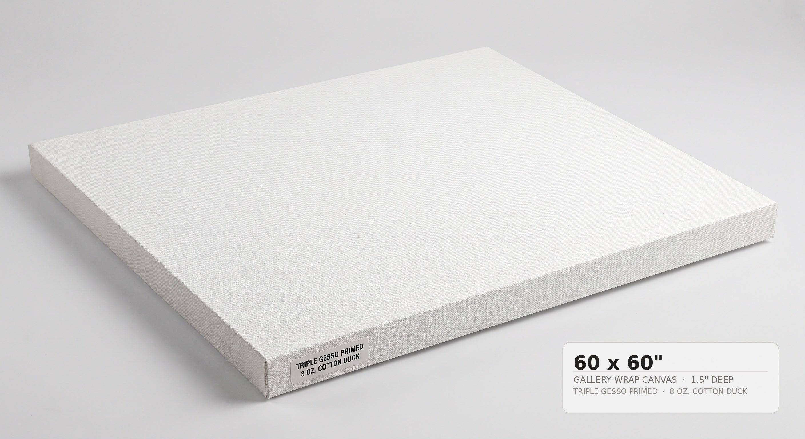 A white gallery-wrapped canvas shown at an angle on a light gray background, with a text label in the lower right that reads '60 x 60" GALLERY WRAP CANVAS 1.5" DEEP'.