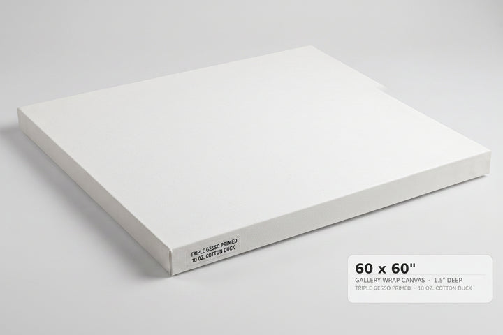 A white gallery-wrapped canvas shown at an angle on a light gray background, with a text label in the lower right that reads '60 x 60" GALLERY WRAP CANVAS 1.5" DEEP'.