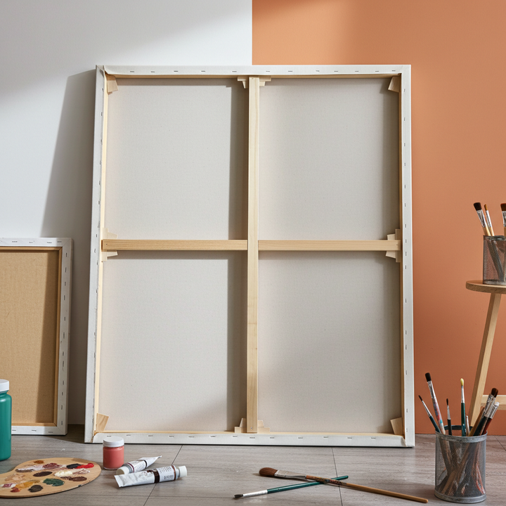 A large square canvas painting frame with a light wood finish and internal support structure, shown standing upright in a styled art studio setting with paint tubes, brushes, and a palette on a tiled floor.